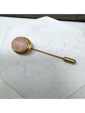 Gold Tone Stick Pin With Oval Rose Quartz Gemstone Scarab design